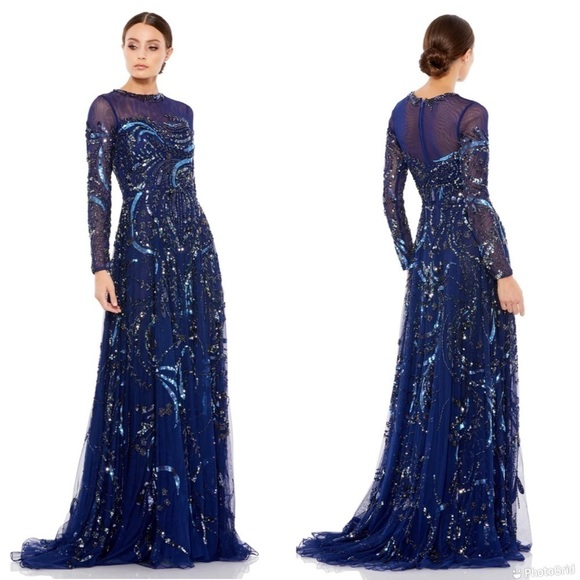 Mac Duggal Long Sleeve Embellished Illusion Evening Gown - Picture 1 of 10